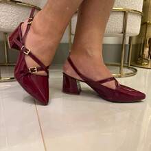 Show Show Sapato Feminino Slingback Scarpin Social Tiras Fivela Bico Fino Verniz Salto Baixo Bloco 5 cm Confortável, Scarpin Feminino Slingback Salto Baixo