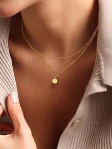Stainless Steel Waterproof Tarnish Resistant Gold Tone Double Layer Disc Pendant Necklace, Suitable For Women's Daily Wear - Gold - View 2