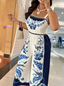 大码女式花卉印花阔腿连体裤