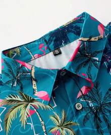 Men's & Women's Hawaiian Shirt - Tropical Palm Tree & Coconut Leaves Flamingo Print Short Sleeve Button-Up, Soft Breathable Fabric, Machine Washable, Regular Fit Casual Beach Vacation Shirt For Adults, Summer Apparel Buttons Casual Shirts - Màu xanh lam - Xem 4