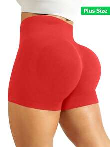 TNTOR 大码女式纯色休闲健身运动短裤，弹力瑜伽短裤紧身提腰收腹健身短裤，夏季户外瑜伽裤，黑色高腰提臀健身短裤，蜜桃臀中腰高弹力速干紧身健身短裤 - 紅色 - 查看 2