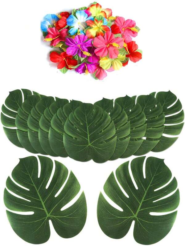 40pcs (20 Leaves + 20 Flowers) Party Decorative Artificial Plants, Palm Leaves & Hibiscus Flowers, Tropical Leaves For Luau, Jungle, Beach, Wedding, Birthday Theme Party Table Decor
