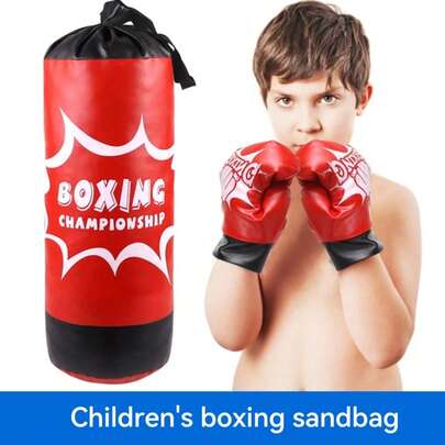 Juego de saco de boxeo para niños - Incluye 1 saco de boxeo y 1 par de guantes de boxeo, juguete de alivio de estrés de cuero PU sólido relleno para niños, saco de entrenamiento de boxeo colgante para actividades interiores/exteriores, juegos de fiesta, regalos navideños