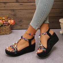 1 Paar elegante, vielseitige Boho Perlen Wedge Sandalen für Damen mit dicker Sohle, geeignet für Festivals, Urlaub, Büro und Outdoor-Aktivitäten, Frühling/Sommer