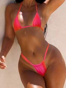 PEPPERMOLLY 全新渐变色系带露背优雅派对微三角比基尼套装，女士时尚海滩泳装，适合夏季度假 - 玫紅色 - 查看 1