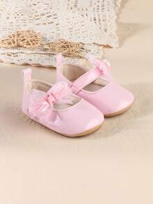 New Girls Patent Leather Butterfly Hook And Loop Design Princess Shoes, Soft Bottom Non-Slip Flat Shoes, Suitable For Spring & Autumn - Pink - View 1