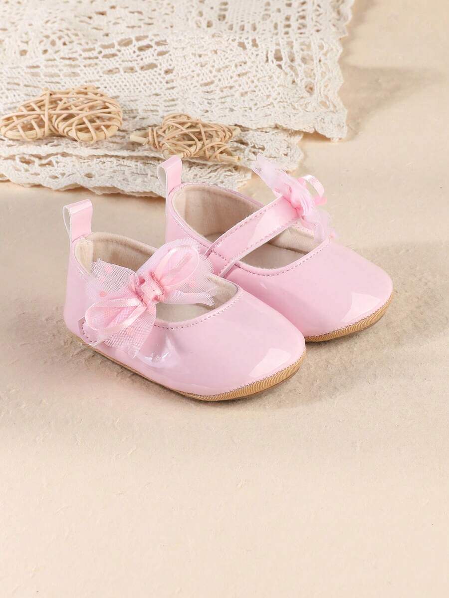 New Girls Patent Leather Butterfly Hook And Loop Design Princess Shoes, Soft Bottom Non-Slip Flat Shoes, Suitable For Spring & Autumn - Pink - View 1