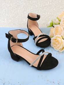 Girls Black Ankle Strap Sandals Low Heels Open Toe Breathable Lightweight High Heeled Sandals, Suitable For Wedding, Party, Casual, Holiday, Banquet, Fashion And Cute Princess Sandals - Black - View 5