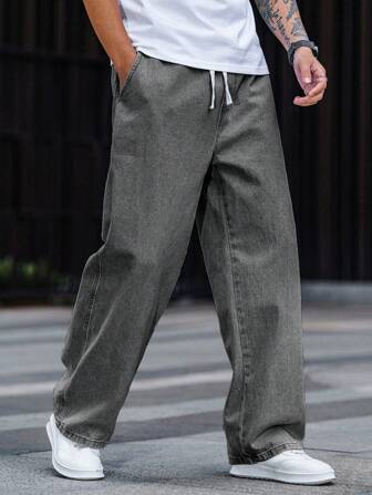 宽松直筒百搭时尚牛仔裤，水洗棉休闲直筒松紧腰牛仔裤，男士，情侣款礼物