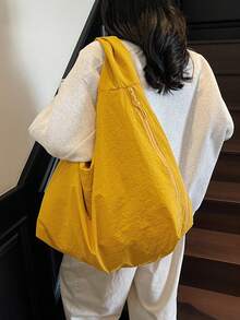 2025春夏新款黑色尼龙包，大容量纯色单肩包，休闲日式布包，百搭学院风双肩包，简约时尚手提包，大容量短途旅行包，多个拉链侧袋 - 黃色 - 查看 2