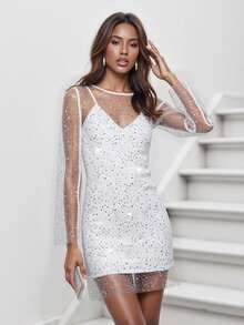 Women's Glitter Mini Dress Long Sleeve Round Neck Sheer Sequin Dress Two Piece Outfit - White - View 6