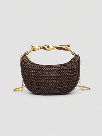 1 Stück gewebte Strandtasche, Damen Sommer neue Tasche mit metallischem Griff Mini Umhängetasche mit Reißverschluss, Lässig Stroh gewebte Shopper Schultertasche, perfekt als Strand- und Urlaubszubehör, abnehmbarer Riemen enthalten