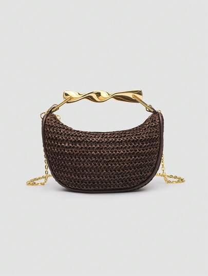 1pc Woven Beach Bag, Women Summer New Metallic Handle Mini Crossbody Zipper Woven Bag, Casual Straw Woven Tote Shoulder Bag, Perfect For Beach & Holiday Accessories, Removable Strap Included, Fashion Summer Vacation Bag, Beach Essentials Women Bags For Vacation & Holiday, Newest Holiday Bag