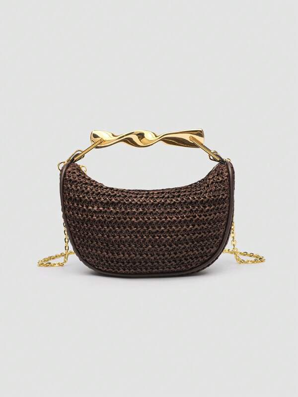 1 pieza Bolso de playa trenzado, nuevo bolso de verano para mujer con asa metálica, mini bolso cruzado con cremallera trenzado, bolso tote casual de paja trenzado, perfecto como accesorio para playa y vacaciones, incluye correa desmontable