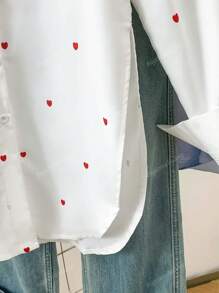 Women's Allover Heart Print Polo Collar Shirt - Oversized Button-Up Front Long Sleeve Top For Casual To Dressy Essentials, Spring Summer Fall All-Season Capsule Wardrobe