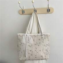 Women's Straw Woven Fashionable Embroidered Flower Large Capacity Shoulder Bag, Summer Beach Bag, Lace Ribbon - Beige - View 6