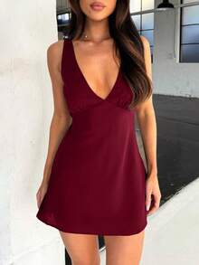 Jednolity kolor Elegancka swobodna szyfonowa sukienka midi z zamkiem błyskawicznym i falbanką na biuście, odpowiednia na plażę, wiosnę i lato