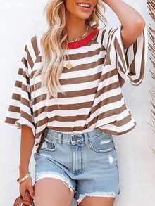 Casual Minimalist Striped Pattern Round Neck Short Sleeve Loose Women's T-Shirt, Suitable For Summer, Oversized T Shirt - Mocha Brown - View 5