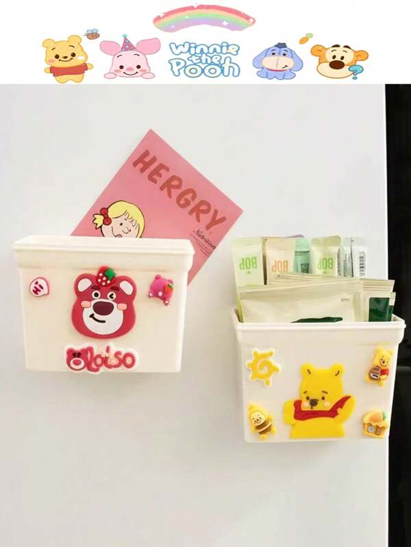 Takara Tomy 1/2 PCS Disney Magnetic Fridge Sticker Rack Storage Box Cute Cartoon Character Winnie The Pooh Lots-O'-Huggin' Bear Kitchen Decoration Items Multi-Functional Storage Magnetic Stickers Essential For Families, No Need To Drill Holes Wall-Mounted Fridge Decoration