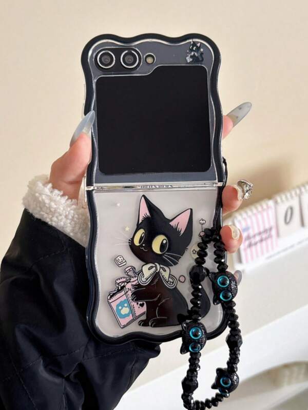 1 pieza Funda plegable para teléfono con elemento de gato lindo de onda a la moda, emparejado con la misma serie de pulseras, protección y alta calidad para: Galaxy Z Flip 3 / Z Flip 4 / Z Flip 5 / Z Flip 6 / Z