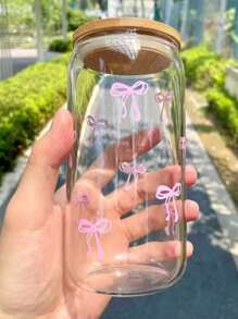 1 Pack, 500ml, Bowknot Pattern, Glass Iced Coffee Cup, With Bamboo Lid, Straw, Cute, Creative, Cold Drink Tumbler, Travel Mug, Christmas Gift, Office, Coffee Lover, Water Bottle, Milk Tea Cup, For Christmas Decorations, Party, Holiday