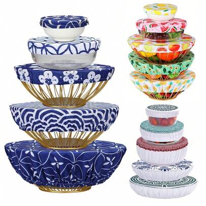 5pcs Reusable Bowl Covers, 5 Sizes, Stretchy Fabric Material, Kitchen Storage Container Lids, Suitable For Fruits, Food, Leftover Dough, Bread Proofing (Fashionable Styles)