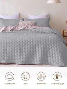 2/3-teiliges Superweich Mikrofaser Ultraschall Stich Ganzjahres Tagesdecken Set, klassisch eleganter Stil kuschelige Bettdecke, leichtgewichtig wie eine Wolke Bettwäsche Steppdecke, Steppdecke*1 Kissenbezug*2, Oeko-Tex zertifiziert, Grau und Hellrosa