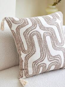 1pc Modern Geometric/Tree Jacquard Throw Pillow Cover, Suitable For Indoor Decor, All-Season Tasseled Decorative Pillow Sham (No Insert) - Camel - View 9