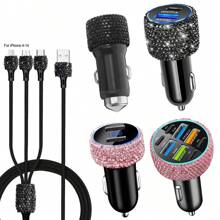 1 pièce Chargeur de voiture 2-en-1/8-en-1 avec strass, câble de charge 3-en-1 avec strass, charge rapide, Type C, USB, adaptateur de voiture, compatible avec Apple, téléphone, caméra de tableau de bord, iPad, GPS, cadeau pour les vacances/anniversaire