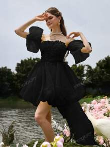 Faeriesty Elegant Stylish Bubble Sleeve Graduation Dress With Large Back Bowknot & Floral Applique | Luxury Party Dress For Weddings, Birthday Outfits, And Red Carpet Events, Prom Dress