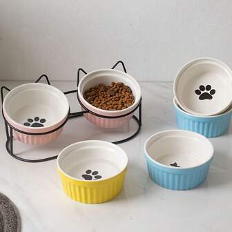 1pc Ceramic Elevated Cat Bowl With Holder, Tilt Design To Protect Pet Neck, Anti-Spill Dual Dog/Cat Food & Water Bowls