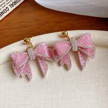 1 对黑色皮革蝴蝶结水晶耳环，适合女士生日、派对、婚礼