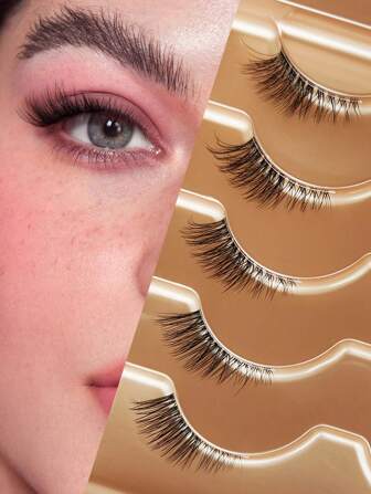 5对自然半眼假睫毛，3-5-9毫米混合长度，自然猫眼假睫毛化妆工具加长蓬松仿貂毛假睫毛透明条自然长猫眼假睫毛3D蓬松假睫毛迷你可爱超短半眼假睫毛，适合角色扮演，欧美风格加长假睫毛