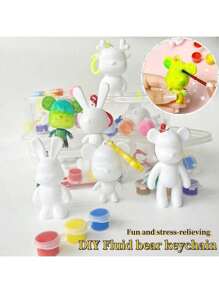 Set de manualidades de creación DIY que incluye un llavero con diseño de oso fluido estilo graffiti, conejo de orejas largas y pequeña decoración de alien, con base blanca para pintar a mano (Incluye: 3 colores u 12 colores de pinturas acrílicas y pinceles) (Colores de accesorios al azar), Vuelta al colegio