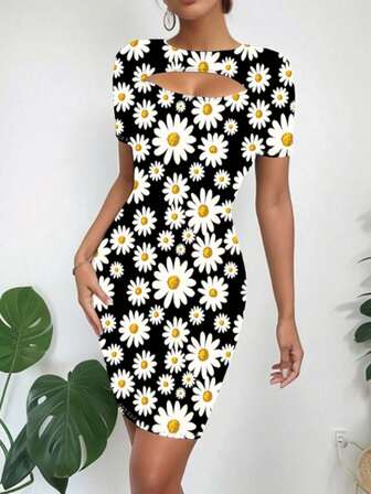Hollow Out A-Line Floral Print Fitted Short Sleeve Summer Dress