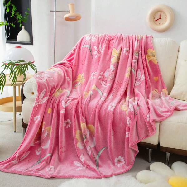 1pc Polyester Flannel Blanket, Floral Printed Blanket, Cow Pattern Wool Blanket, Home Bedroom Bedding, Sofa Throw, Summer Nap Blanket, Pink Blanket, Soft & Warm All Season Blanket, Home Textile