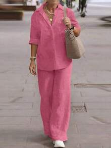 Cardigan casual léger à col polo, blouse élégante de couleur unie polyvalente, convenant pour la plage, le quotidien, les déplacements, le travail, les courses. Tissu doux, pantalon ample à taille élastique, ensemble 2 pièces, printemps/été/automne - Rose vif - Voir 3