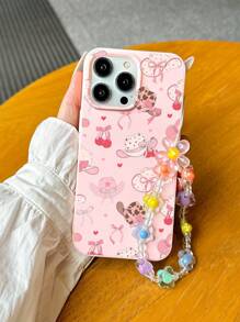 1 pieza Funda de teléfono a prueba de golpes con patrón de cerezas y flores de estilo occidental rosa, con cordón de flores hecho a mano, compatible con Apple XS, 11, 12, 13, 14, 15, 16, XR, 13 Pro Max, 16 Plus, 14 Pro, Xr, 14, 12 Pro y 15 Plus