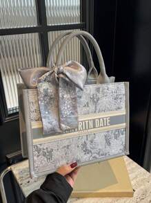 1pc Fashionable Women Handbag, Large Capacity, Square Style, Lightweight, Elegant Scarf Decor, Scratch & Abrasion Resistant Material, Suitable For Shopping, Dating, Gatherings, Commuting, Letter Pattern, Graceful Minimalist Casual Grey & Pink Ladies Tote Bag (11in*7.9in*3.9in)