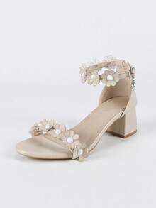 女士杏色高跟鞋，花卉图案，不易疲劳的粗跟，适合婚礼、派对、度假，公主风凉鞋