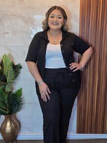 Plus Size Casual 3-Piece Set Includes Top, Pants, And Button-Down Shirt. - Black - View 1