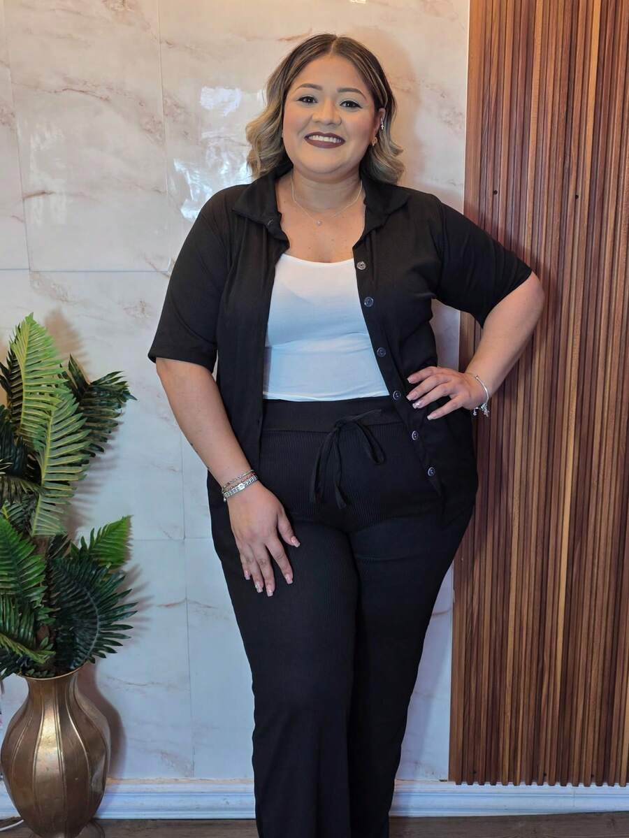 Plus Size Casual 3-Piece Set Includes Top, Pants, And Button-Down Shirt. - Black - View 1