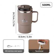 1pc 450/500ml 304 Stainless Steel Coffee Mug With Tea Strainer & Folding Spoon, Double Layer Thermal Insulated Coffee Cup With Handle, Leak-Proof Milk Tea Water Cup, Anti Scalding Drinking Cup Drinkware For Hot & Cold Water, Suitable For Adults & Students Use In Kitchen, School, Office, Dorm, Party, Picnic And Camping