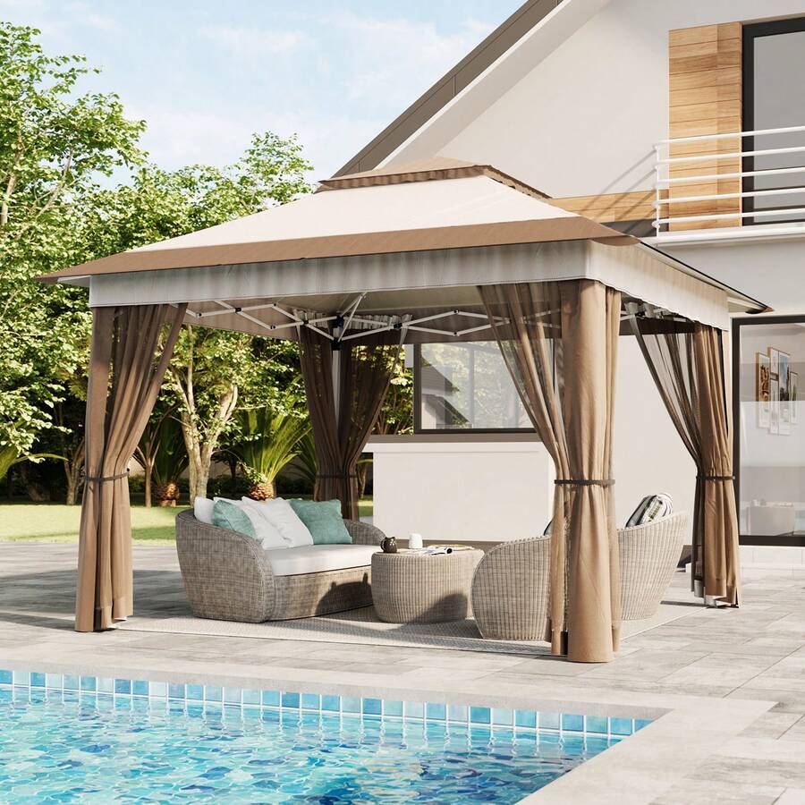 Outdoor Gazebo Tent, The Tent Is Easy To Push And Carry, With The Function Of Wind And Rain Protection, Anti-Mosquito Ventilation And Air Permeability, Designed With An Anti-Tilt Device - 米色 - 查看 1