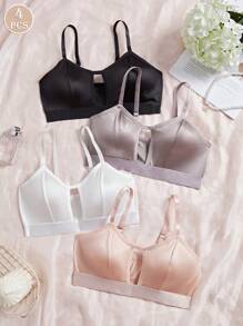 4 piezas Camiseta interior con bralette de colores múltiples, minimalista, cómoda y elegante, con diseño calado, apta para todas las estaciones