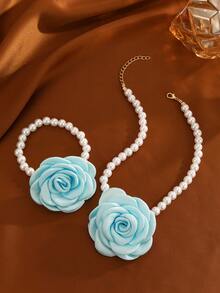 2pcs/Set Girls Pearl Beaded Flower Necklace & Bracelet Set