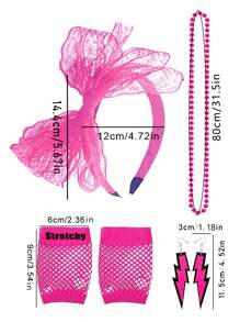 D EXCEED 4/5 pièces Ensemble d'accessoires rétro néon des années 80 pour femmes, collier de perles à tenue rétro, serre-tête à nœud en dentelle, gants résille, lunettes de soleil à stores vénitiens, boucles d'oreilles éclair, essentiels pour fête rétro Halloween