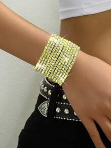 12pcs Sparkling Yellow Rhinestone Elastic Bangle Bracelet Set, Y2K Pink Bridal Wedding Party Bracelet