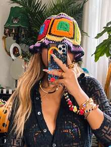 1 件女式 Y2K 手工花卉钩针编织渔夫帽，彩色镂空针织波西米亚风休闲夏季沙滩帽 - 純色五花 - 查看 10