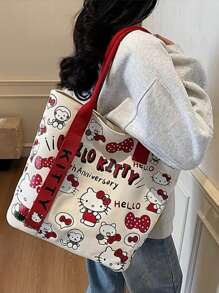 Sanrio 1 Stück Hello Kitty Kosmetiktasche Damen Große Kapazität Einkaufstasche, Reise-Schultertasche, Große Kapazität wiederverwendbare Einkaufstasche faltbar, Damen Segeltuch Tragetasche mit Uhrenarmband - Reißverschluss, Polyester Futter
